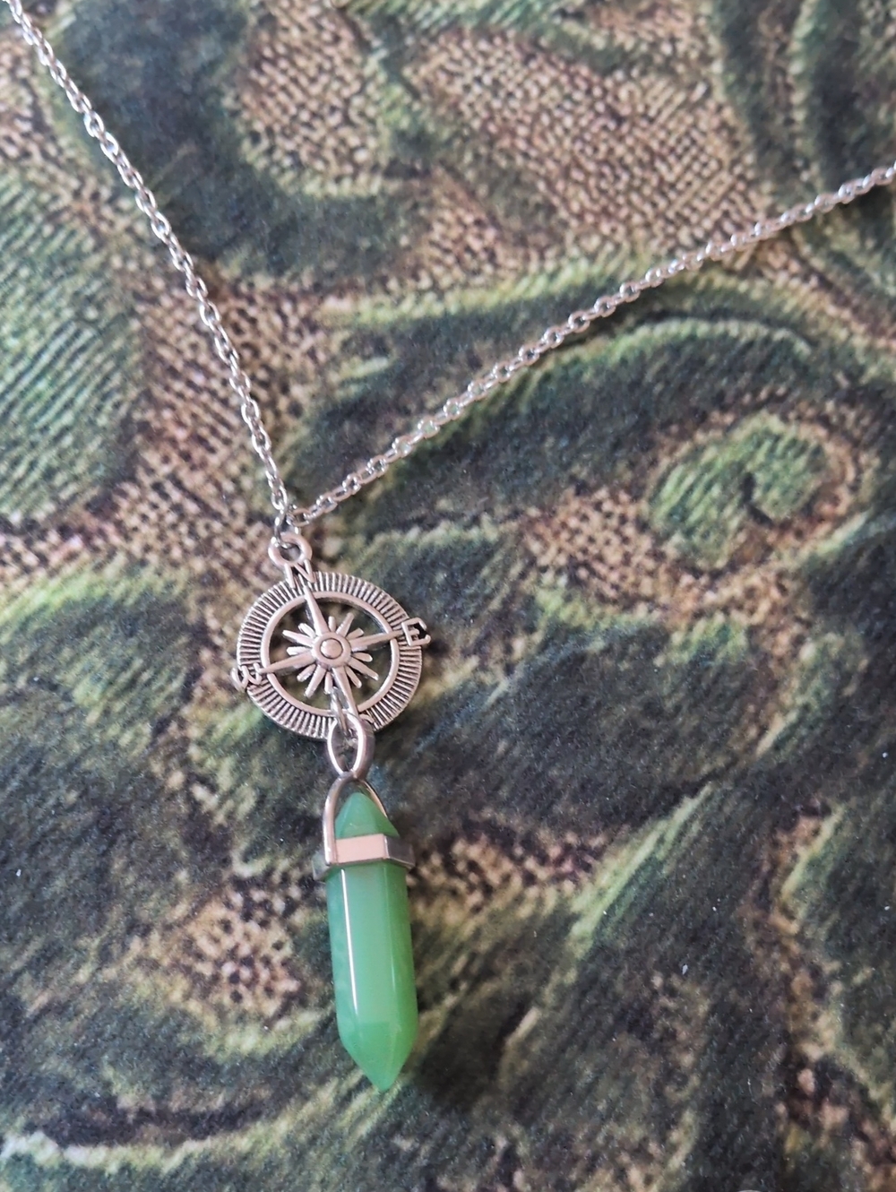 Silver Compass Pendant Necklace with Green Stone